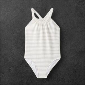 Zara Kids Swimsuit Girls Size 8-9 White & Gold Stripes One Piece Ocean Pool